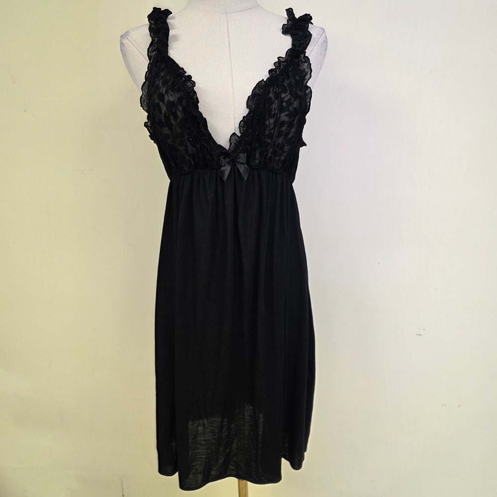 Oscar de la Renta Nightgown‎ Black Lace Ruffle Chemise Womens Medium Excellent